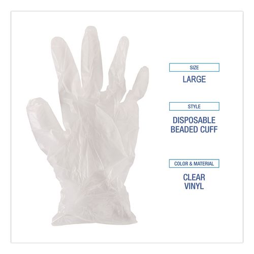 Image of Boardwalk® BWK361LBX Exam Vinyl Gloves, Powder-Free, Large, 3.6 mil Thick, 9.5" Long, Clear, 100/Box