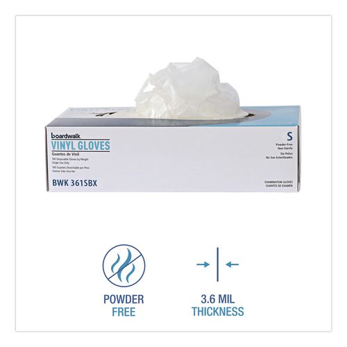 Image of Boardwalk® BWK361LCT Exam Vinyl Gloves, Powder-Free, Large, 3.6 mil Thick, 9.5" Long, Clear, 100/Box, 10 Boxes/Carton
