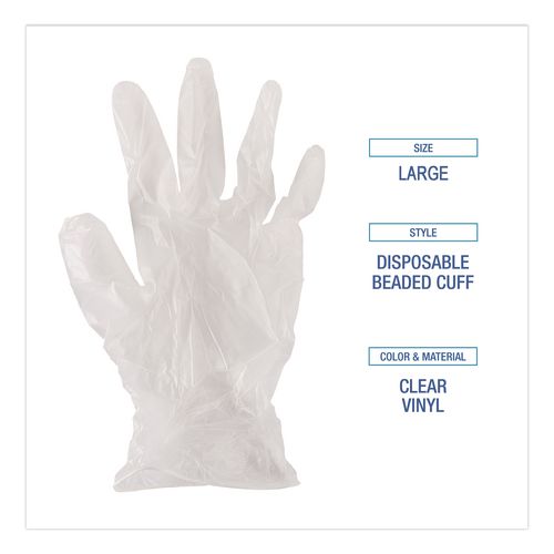 Image of Boardwalk® BWK361LCT Exam Vinyl Gloves, Powder-Free, Large, 3.6 mil Thick, 9.5" Long, Clear, 100/Box, 10 Boxes/Carton
