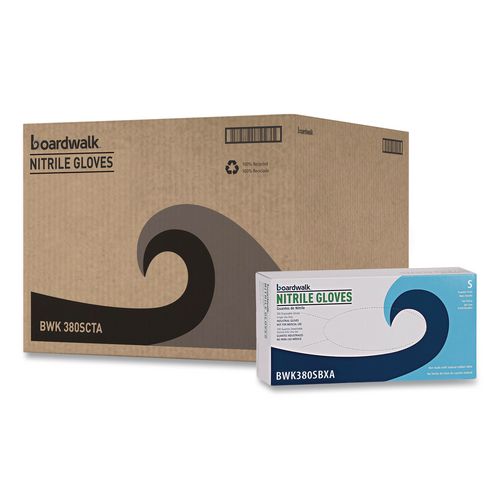 Image of Boardwalk® 380SCTA 380 Series Disposable General-Purpose Nitrile Gloves, Powder-Free, Small, 4 mil Thick, 9.5" Long, Blue, 100/Box, 10 Boxes/CT