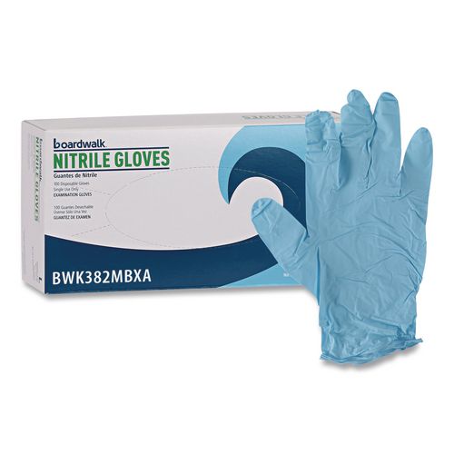 Image of Boardwalk® 382MBXA Disposable Examination Nitrile Gloves, Powder-Free, Medium, 5 mil Thick, 9.5" Long, Blue, 100/Box
