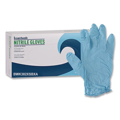 Image of Boardwalk® 382XSBXA Disposable Examination Nitrile Gloves, Powder-Free, X-Small, 5 mil Thick, 9.5" Long, Blue, 100/Box