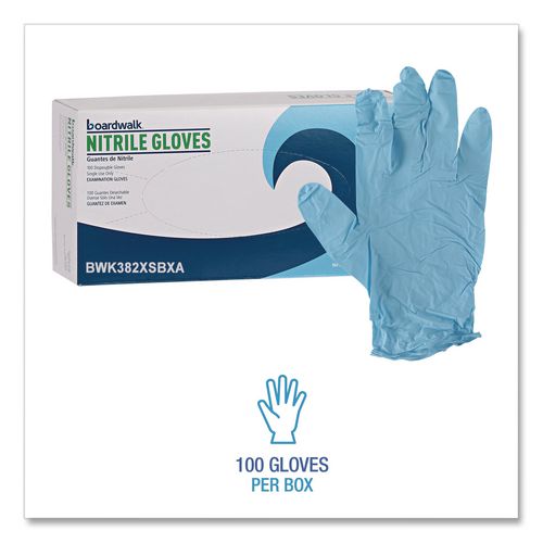 Image of Boardwalk® 382XSBXA Disposable Examination Nitrile Gloves, Powder-Free, X-Small, 5 mil Thick, 9.5" Long, Blue, 100/Box