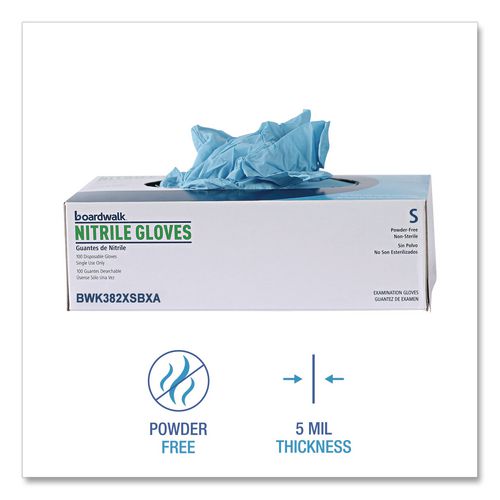 Image of Boardwalk® 382XSBXA Disposable Examination Nitrile Gloves, Powder-Free, X-Small, 5 mil Thick, 9.5" Long, Blue, 100/Box