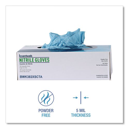 Image of Boardwalk® 382XSCTA Disposable Examination Nitrile Gloves, Powder-Free, X-Small, 5 mil Thick, 9.5" Long, Blue, 100/Box, 10 Boxes/Carton