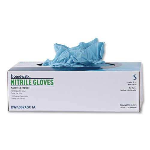 Image of Boardwalk® 382XSCTA Disposable Examination Nitrile Gloves, Powder-Free, X-Small, 5 mil Thick, 9.5" Long, Blue, 100/Box, 10 Boxes/Carton