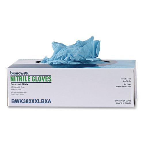 Image of Boardwalk® 382XXLCTA Disposable Examination Nitrile Gloves, Powder-Free, XX-Large, 5 mil Thick, 9.5" Long, Blue, 100/Box, 10 Boxes/Carton