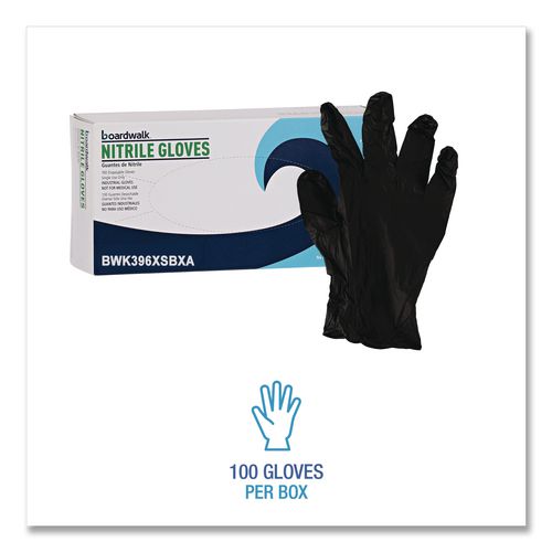 Image of Boardwalk® 396XSCTA 396 Series Disposable General-Purpose Nitrile Gloves, Powder-Free, X-Small, 4.4 mil Thick, 9.5" Long, Black, 100/Box,10 BX/CT