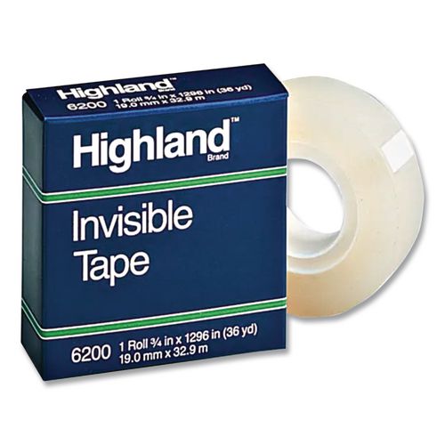 Image of Highland 6200122592 Invisible Permanent Mending Tape, 3" Core, 0.5" X 72 Yds, Clear