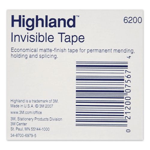 Image of Highland 6200122592 Invisible Permanent Mending Tape, 3" Core, 0.5" X 72 Yds, Clear
