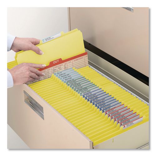 Image of Smead Top Tab Classification Folders, Four SafeSHIELD Fasteners, 2" Expansion, 1 Divider, Letter Size, Yellow Exterior, 10/Box