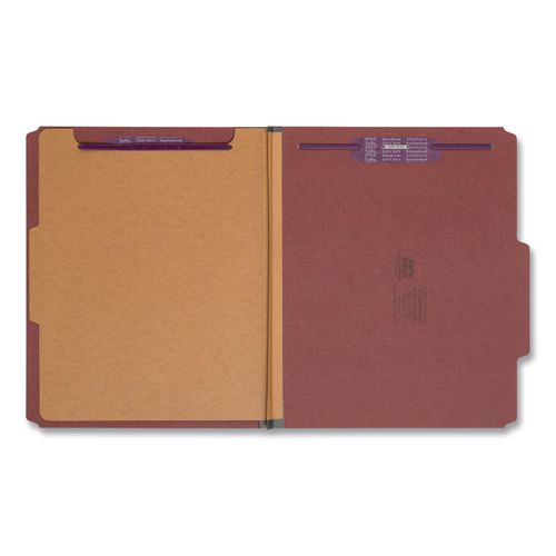Image of Smead 13775 Pressboard Classification Folders, 2/5-Cut Tab, Expands 2", 1 Divider, 4 SafeSHIELD Fasteners, Letter Size, Red, 10/Box