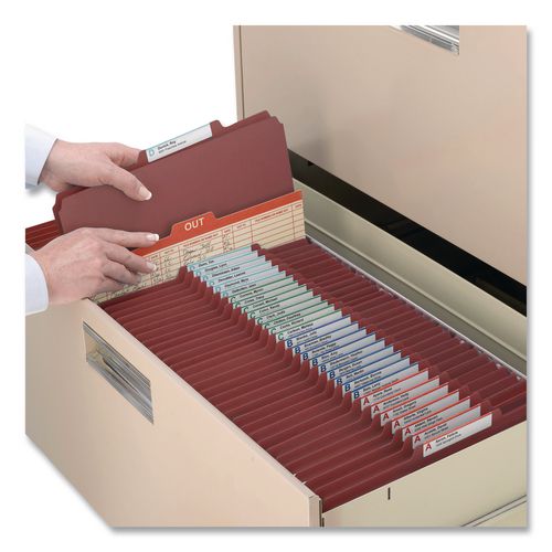 Image of Smead 13775 Pressboard Classification Folders, 2/5-Cut Tab, Expands 2", 1 Divider, 4 SafeSHIELD Fasteners, Letter Size, Red, 10/Box