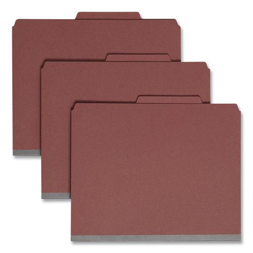 Image of Smead 13775 Pressboard Classification Folders, 2/5-Cut Tab, Expands 2", 1 Divider, 4 SafeSHIELD Fasteners, Letter Size, Red, 10/Box