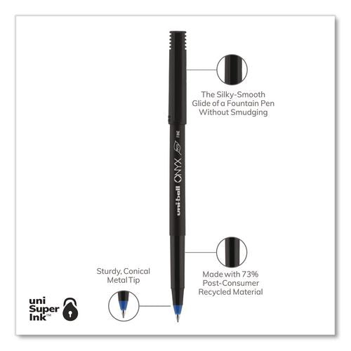 Image of uniball® 2013568 ONYX Rollerball Pen, Stick, Fine 0.7 mm, Blue Ink, Black/Blue Barrel, 72/Pack