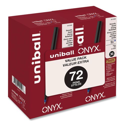 Image of uniball® 2013568 ONYX Rollerball Pen, Stick, Fine 0.7 mm, Blue Ink, Black/Blue Barrel, 72/Pack