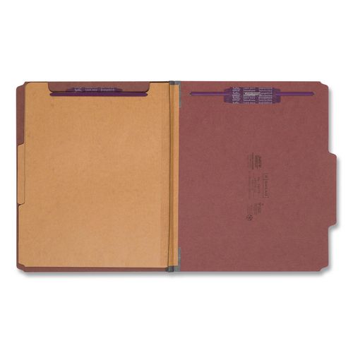 Image of Smead 14075 Pressboard Classification Folders, 2/5-Cut Tab, Expands 2", 2 Dividers, 6 SafeSHIELD Fasteners, Letter Size, Red, 10/Box