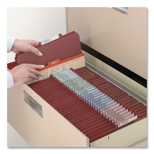 Image of Smead 14075 Pressboard Classification Folders, 2/5-Cut Tab, Expands 2", 2 Dividers, 6 SafeSHIELD Fasteners, Letter Size, Red, 10/Box