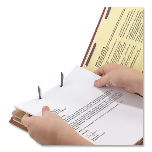 Image of Smead 14075 Pressboard Classification Folders, 2/5-Cut Tab, Expands 2", 2 Dividers, 6 SafeSHIELD Fasteners, Letter Size, Red, 10/Box