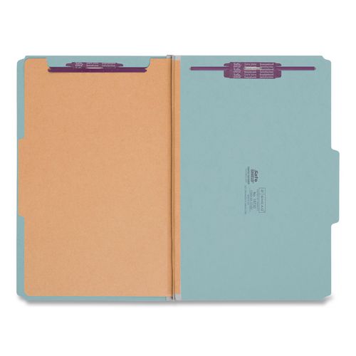 Image of Smead Four-Section Pressboard Top Tab Classification Folders, Four SafeSHIELD Fasteners, 1 Divider, Legal Size, Blue, 10/Box