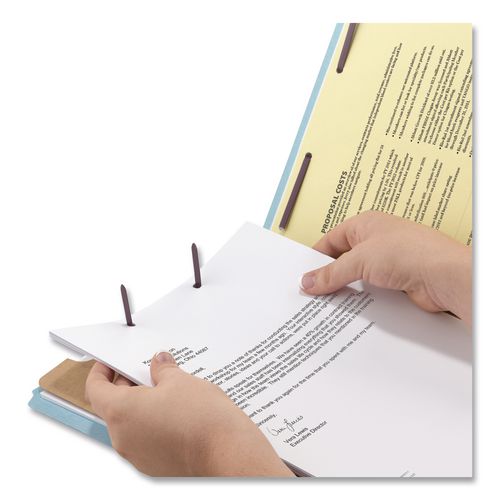 Image of Smead Four-Section Pressboard Top Tab Classification Folders, Four SafeSHIELD Fasteners, 1 Divider, Legal Size, Blue, 10/Box
