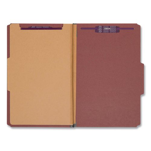 Image of Smead Pressboard Classification Folders, Four SafeSHIELD Fasteners, 2/5-Cut Tabs, 1 Divider, Legal Size, Red, 10/Box