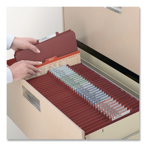 Image of Smead Pressboard Classification Folders, Four SafeSHIELD Fasteners, 2/5-Cut Tabs, 1 Divider, Legal Size, Red, 10/Box