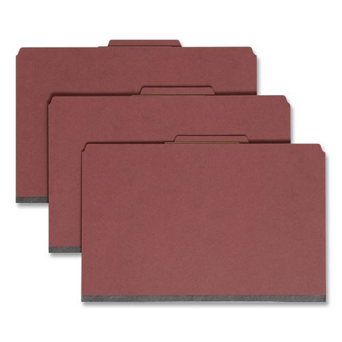 Image of Smead Pressboard Classification Folders, Four SafeSHIELD Fasteners, 2/5-Cut Tabs, 1 Divider, Legal Size, Red, 10/Box