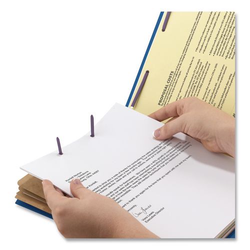 Image of Smead Eight-Section Pressboard Top Tab Classification Folders, 8 SafeSHIELD Fasteners, 3 Dividers, Legal Size, Dark Blue, 10/Box