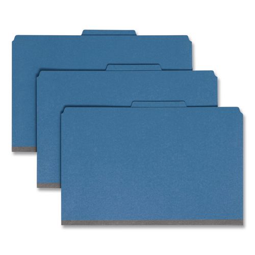 Image of Smead Eight-Section Pressboard Top Tab Classification Folders, 8 SafeSHIELD Fasteners, 3 Dividers, Legal Size, Dark Blue, 10/Box