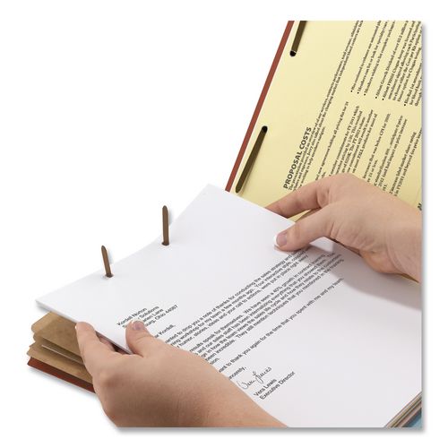 Image of Smead Recycled Pressboard Classification Folders, 3" Expansion, 3 Dividers, 8 Fasteners, Legal Size, Red Exterior, 10/Box