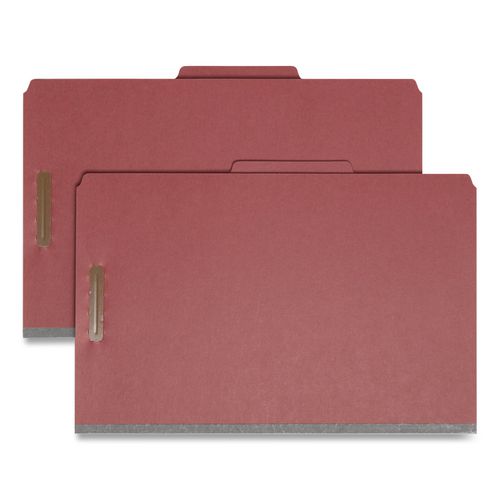 Image of Smead Recycled Pressboard Classification Folders, 3" Expansion, 3 Dividers, 8 Fasteners, Legal Size, Red Exterior, 10/Box