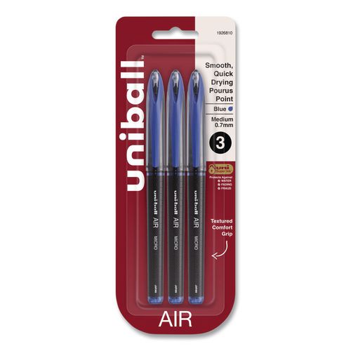 Image of uniball® 1926810 Air Porous Gel Pen, Stick, Medium 0.7 Mm, Blue Ink, Black/blue Barrel, 3/pack