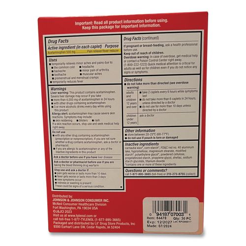 Image of Tylenol® 64478 Extra Strength Caplets, Two-Pack, 30/Box