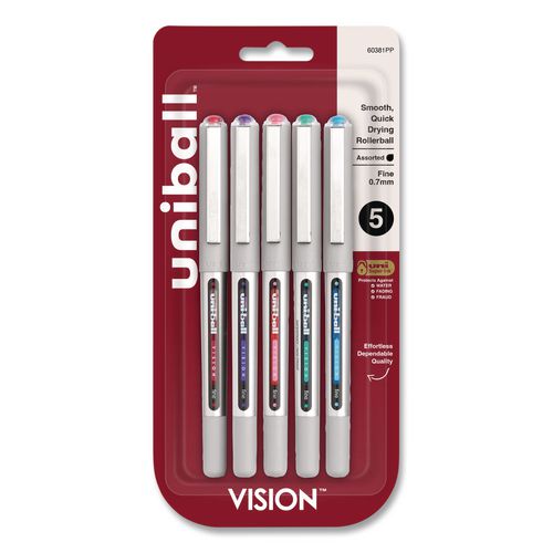 Image of uniball® 60381PP VISION Rollerball Pen, Stick, Fine 0.7 mm, Assorted Ink and Barrel Colors, 5/Pack
