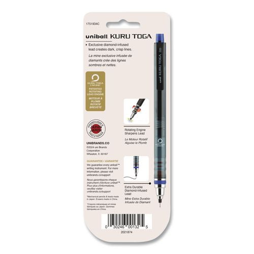 Image of uniball® 1751934 KuruToga Mechanical Pencil with Tube of Lead/Erasers, 0.5 mm, HB (#2), Black Lead, Black Barrel
