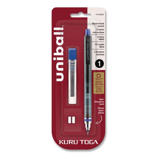 Image of uniball® 1751934 KuruToga Mechanical Pencil with Tube of Lead/Erasers, 0.5 mm, HB (#2), Black Lead, Black Barrel