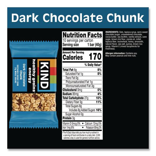 Image of KIND 67074 Healthy Grains Energy Dark Chocolate Chunk Bars, 1.4 oz Bar, 10/Box