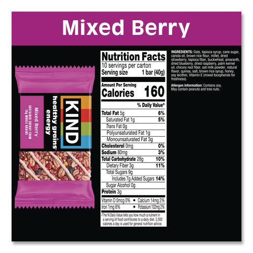 Image of KIND 67073 Healthy Grains Energy Mixed Berry Bars, 1.4 oz Bar, 10/Box