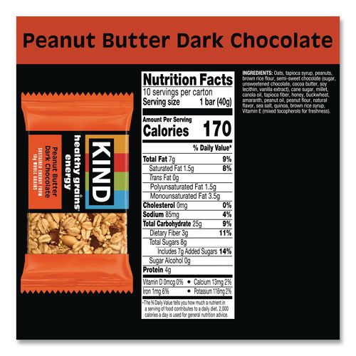 Image of KIND 67075 Healthy Grains Energy Peanut Butter Dark Chocolate Bars, 1.4 oz Bar, 10/Box