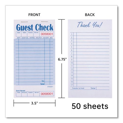 Image of AmerCareRoyal® GC3632-1 Guest Check Pad with Ruled Back, 15 Lines, One-Part (No Copies), 3.5 x 6.7, 50 Forms/Pad, 50 Pads/Carton