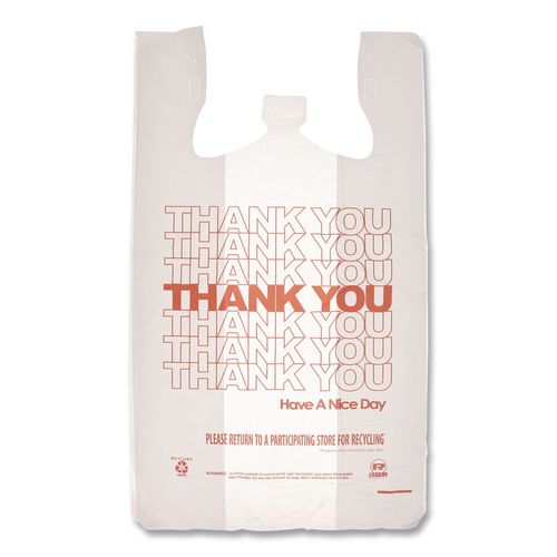 Image of AmerCareRoyal® RPTYB6 Thank You Bags, Thank You - Have a Nice Day Labeling, Cut-Out Handles, 11.5" x 6.5" x 21", White/Red, 1,000/Carton