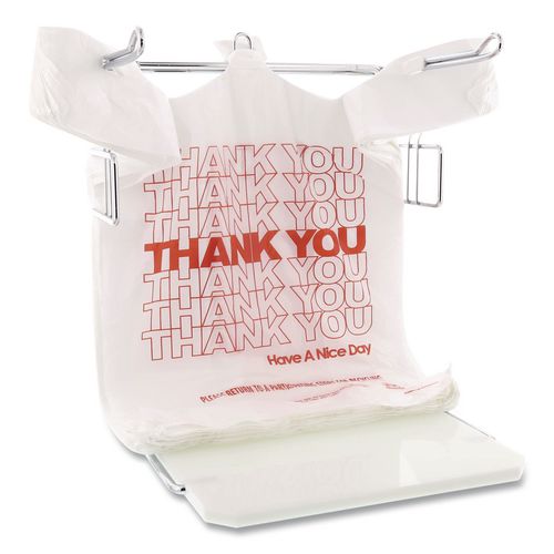 Image of AmerCareRoyal® RPTYB6 Thank You Bags, Thank You - Have a Nice Day Labeling, Cut-Out Handles, 11.5" x 6.5" x 21", White/Red, 1,000/Carton