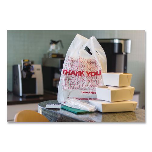 Image of AmerCareRoyal® RPTYB6 Thank You Bags, Thank You - Have a Nice Day Labeling, Cut-Out Handles, 11.5" x 6.5" x 21", White/Red, 1,000/Carton