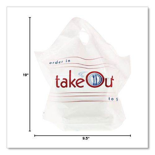 Image of AmerCareRoyal® RPWB1919 Wave Top To-Go Bags, Take-Out Labeling, Cut-Out Handles, 19" x 9.5" x 19", White/Blue/Red, 500/Carton