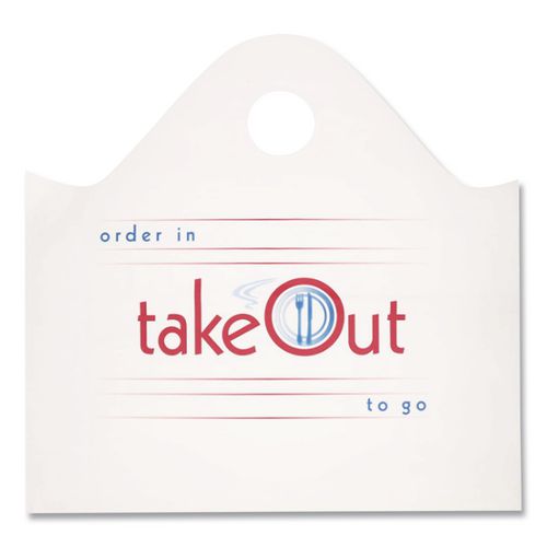 Image of AmerCareRoyal® RPWB1919 Wave Top To-Go Bags, Take-Out Labeling, Cut-Out Handles, 19" x 9.5" x 19", White/Blue/Red, 500/Carton