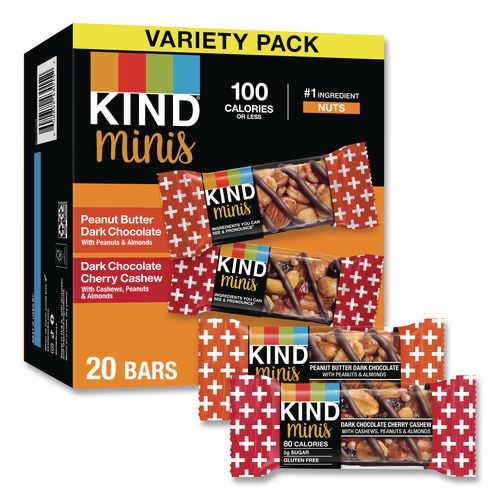 Image of KIND 43012 Minis Peanut Butter Dark Chocolate and Dark Chocolate Cherry Cashew Variety Pack, 0.74 oz Bar, 20/Box