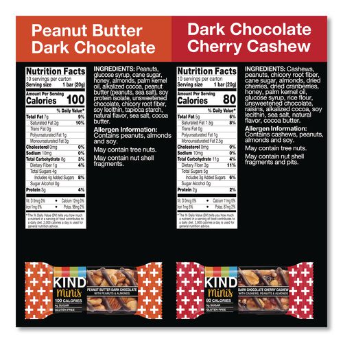 Image of KIND 43012 Minis Peanut Butter Dark Chocolate and Dark Chocolate Cherry Cashew Variety Pack, 0.74 oz Bar, 20/Box