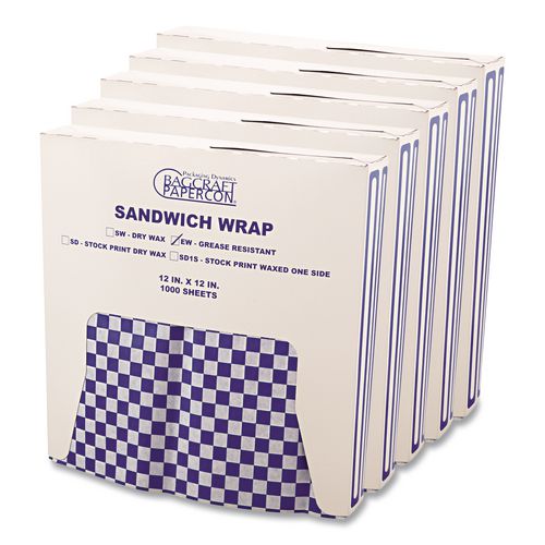 Image of Bagcraft P057850 Grease-Resistant Paper Wraps And Liners, 12 X 12, Blue Check, 1,000/box, 5 Boxes/carton
