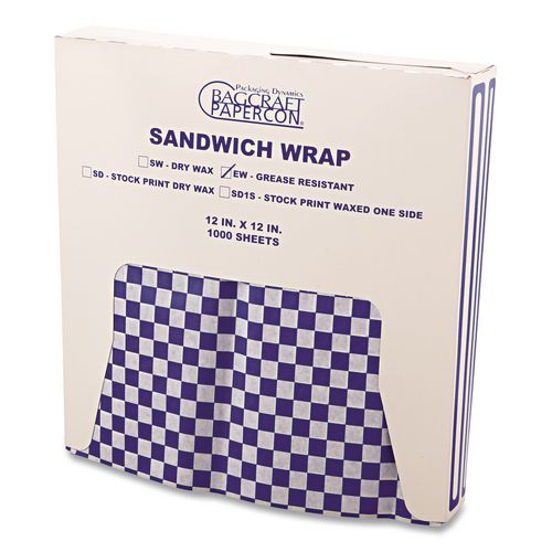 Image of Bagcraft P057850 Grease-Resistant Paper Wraps And Liners, 12 X 12, Blue Check, 1,000/box, 5 Boxes/carton